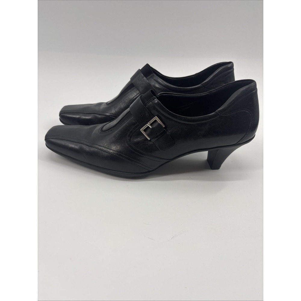 ECCO Womens Eu 41 USA 10 Black Leather Buckle Ankle Booties Boots Heels Slip On